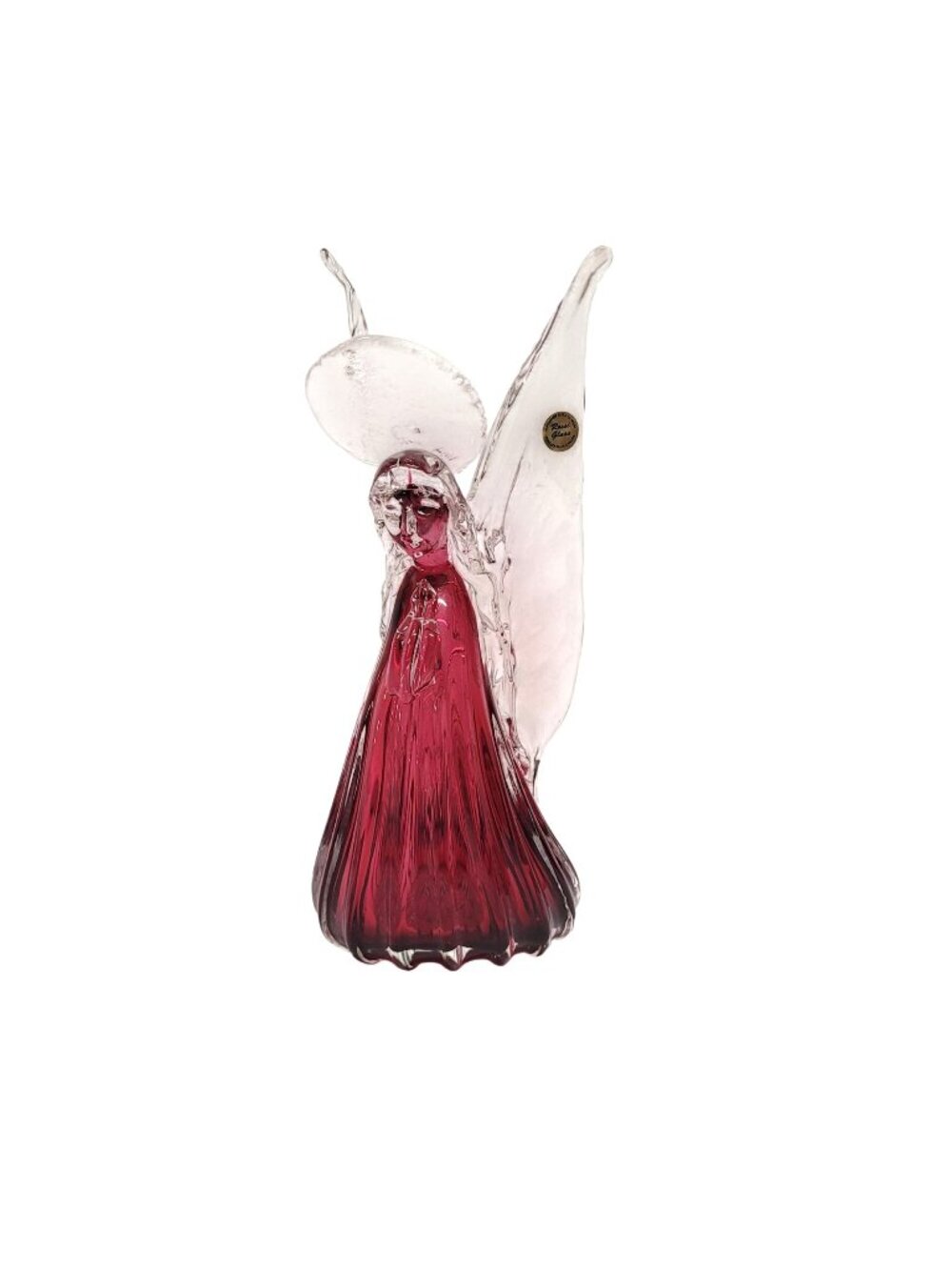 Rossi Cranberry to Clear Art Glass Praying Christmas Angel Figurine Foil Label